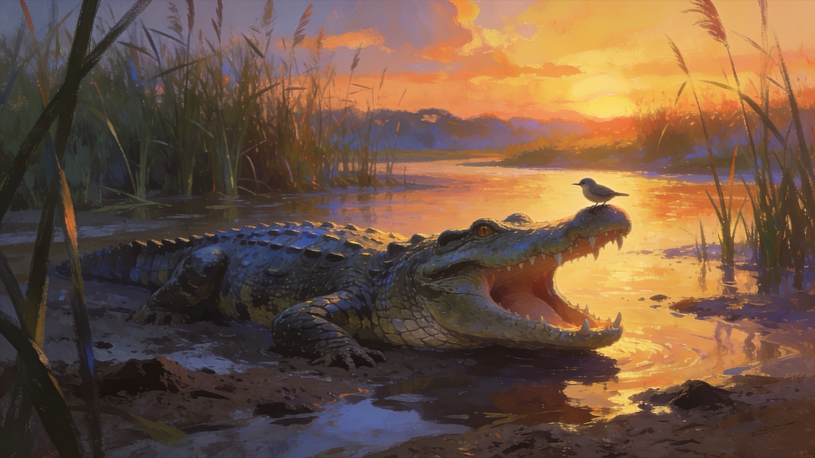 Krokodil im flachen Flussufer bei Sonnenuntergang, ein Vogel sitzt auf seiner Nase