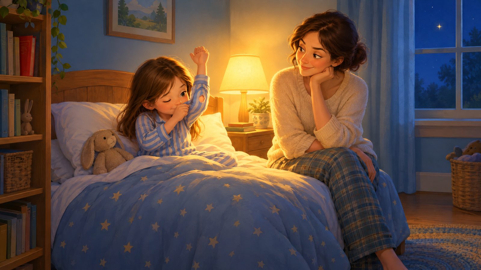 Ein Mädchen hält im Bett den Arm hoch und schaut durch ein kleines Loch im Ärmel