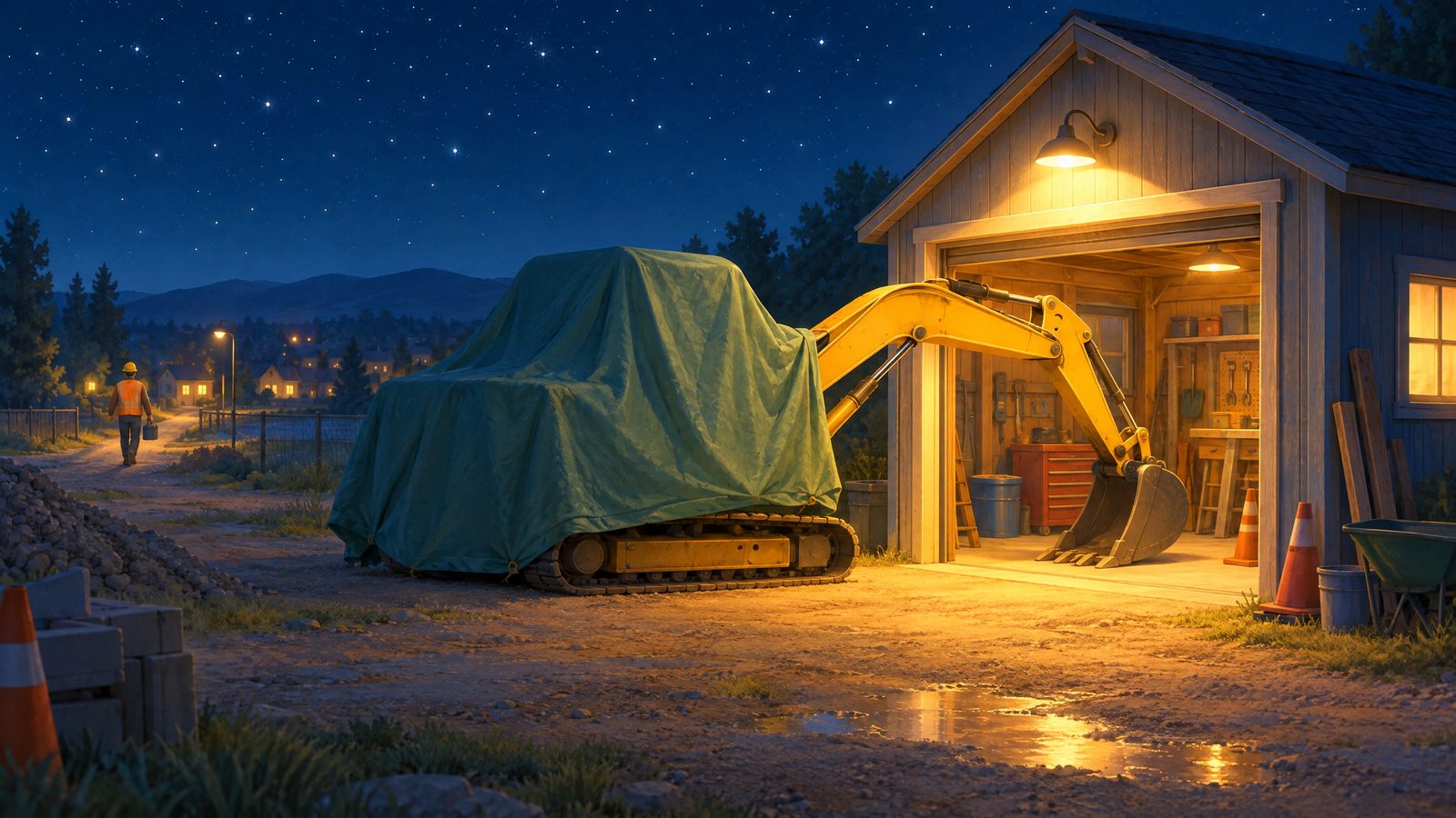 Ein gelber Bagger steht nachts vor einer kleinen Garage, nur seine Schaufel steckt drinnen