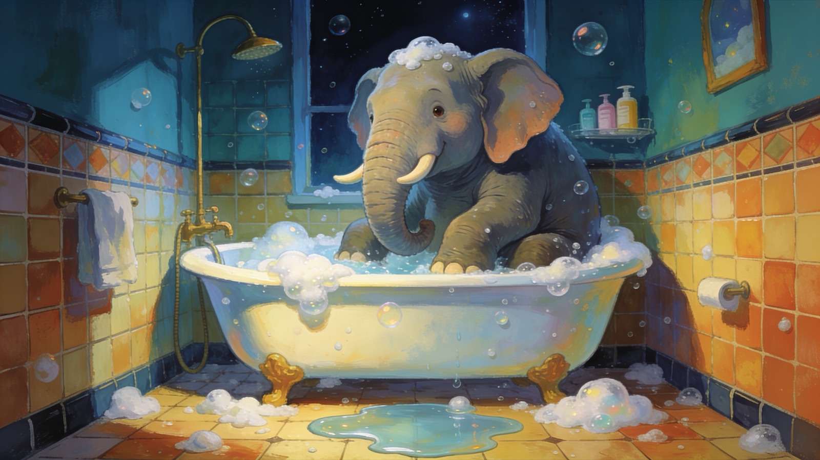 Ein großer freundlicher Elefant sitzt in einer Badewanne voller Schaum