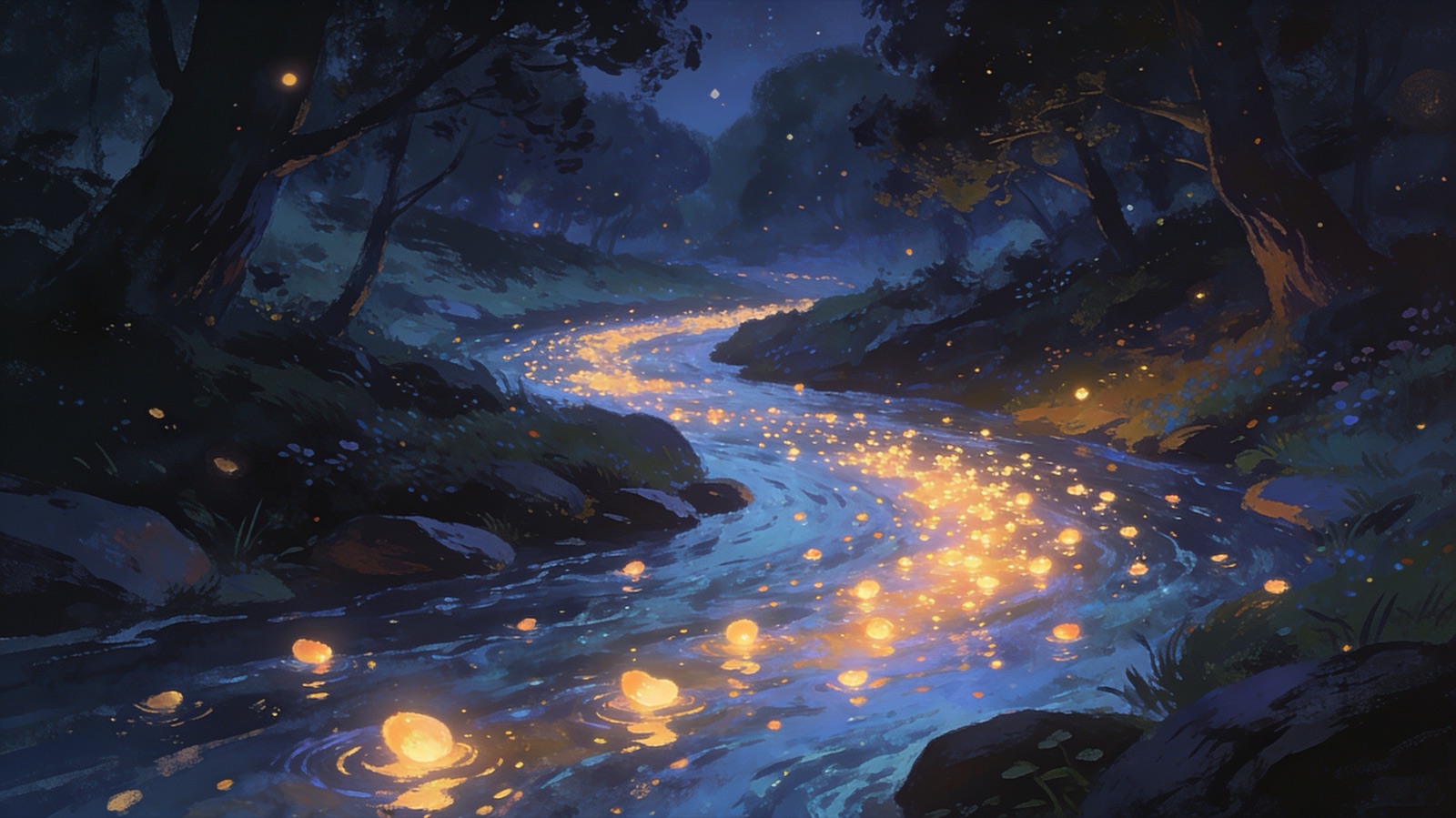 Ein Fluss aus treibenden Lichtern fließt durch eine dunkle stille Landschaft