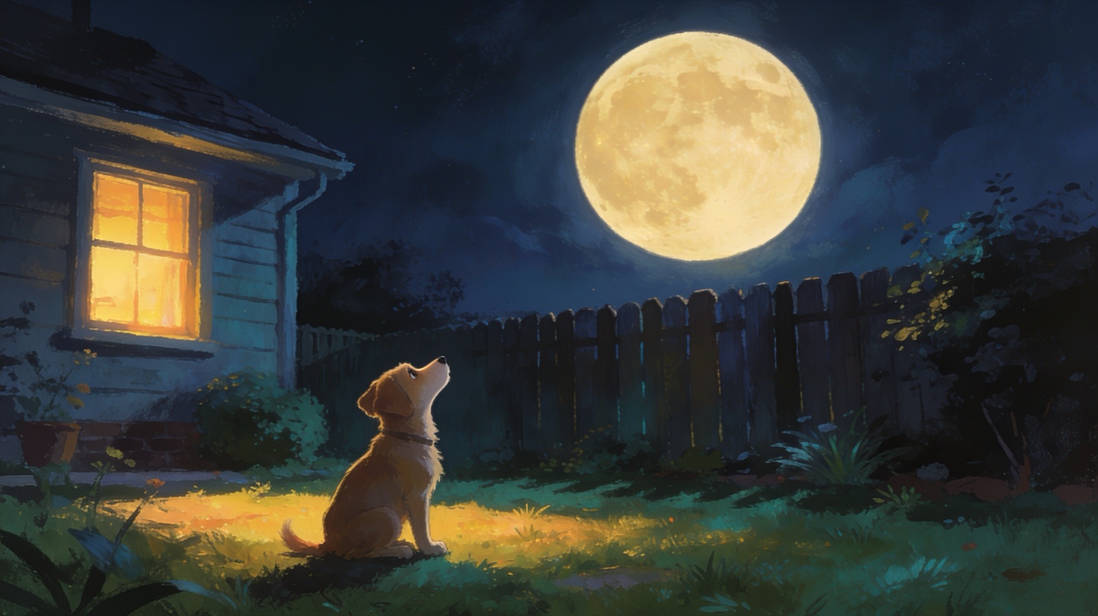 Kleiner Hund im nächtlichen Garten, den Kopf zum riesigen Mond erhoben