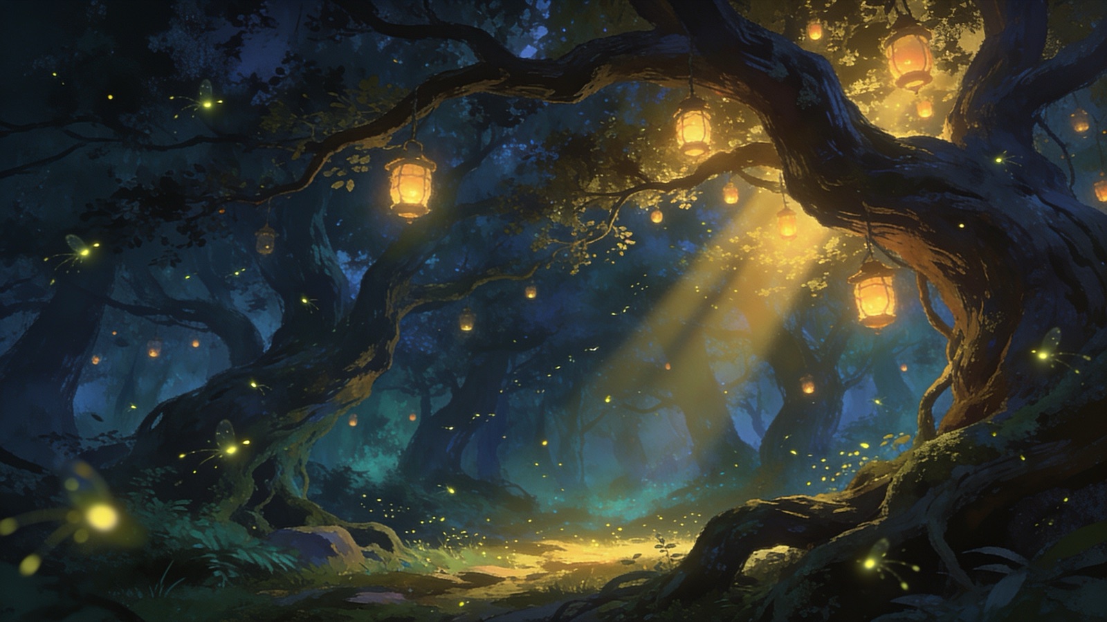 Uralter Wald bei Nacht, an jedem Baum hängt eine golden leuchtende Laterne