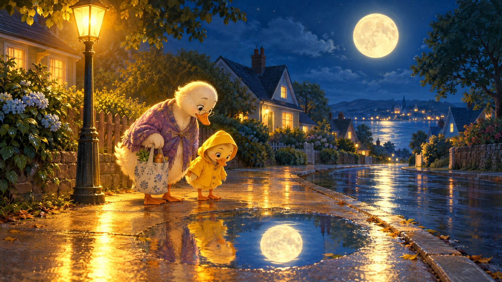 Eine kleine Ente und ihre Oma schauen abends in eine Pfütze, in der sich der Vollmond spiegelt