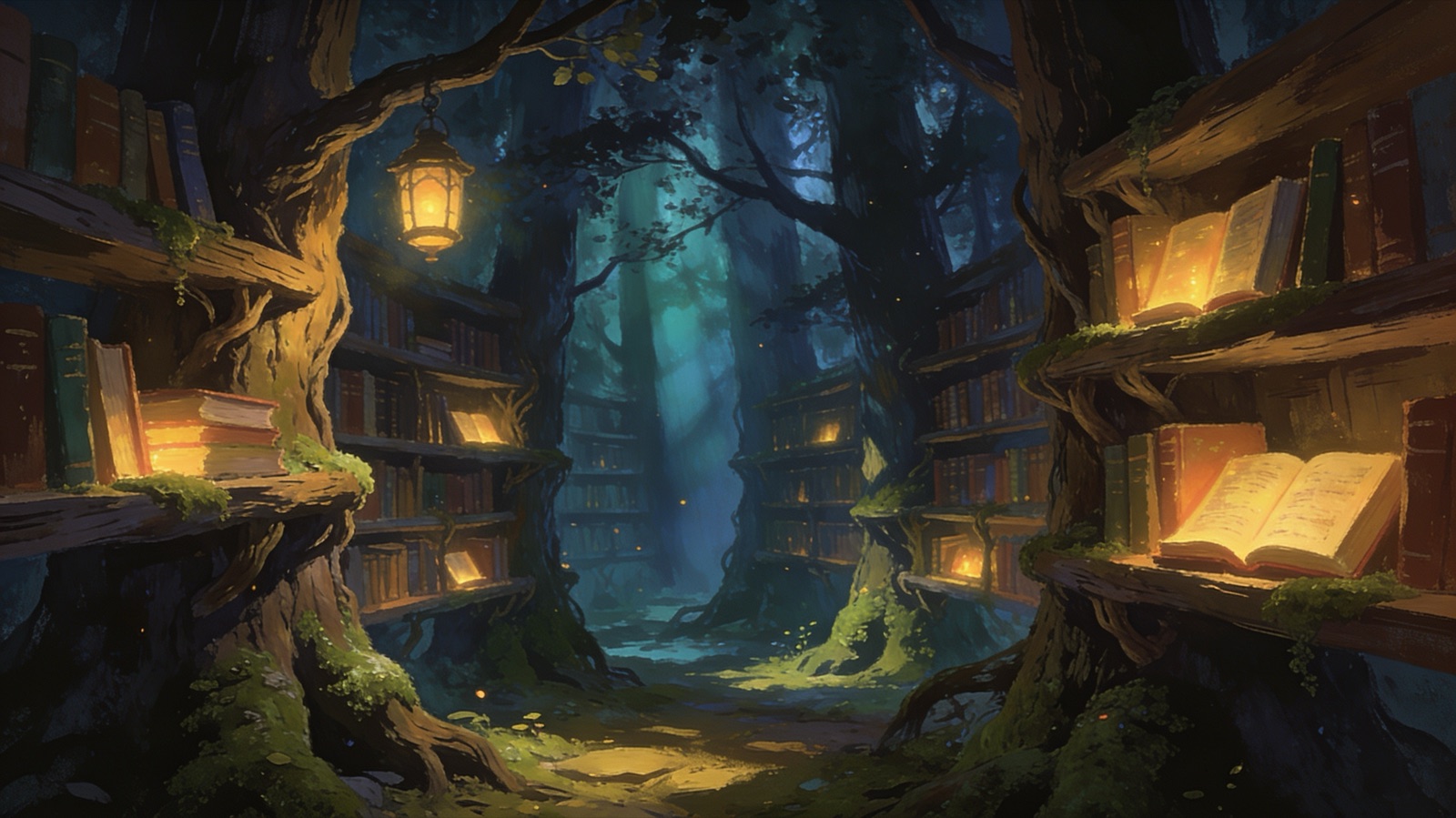 Uralte Bibliothek tief im Wald, Regale wachsen zwischen den Baumstämmen