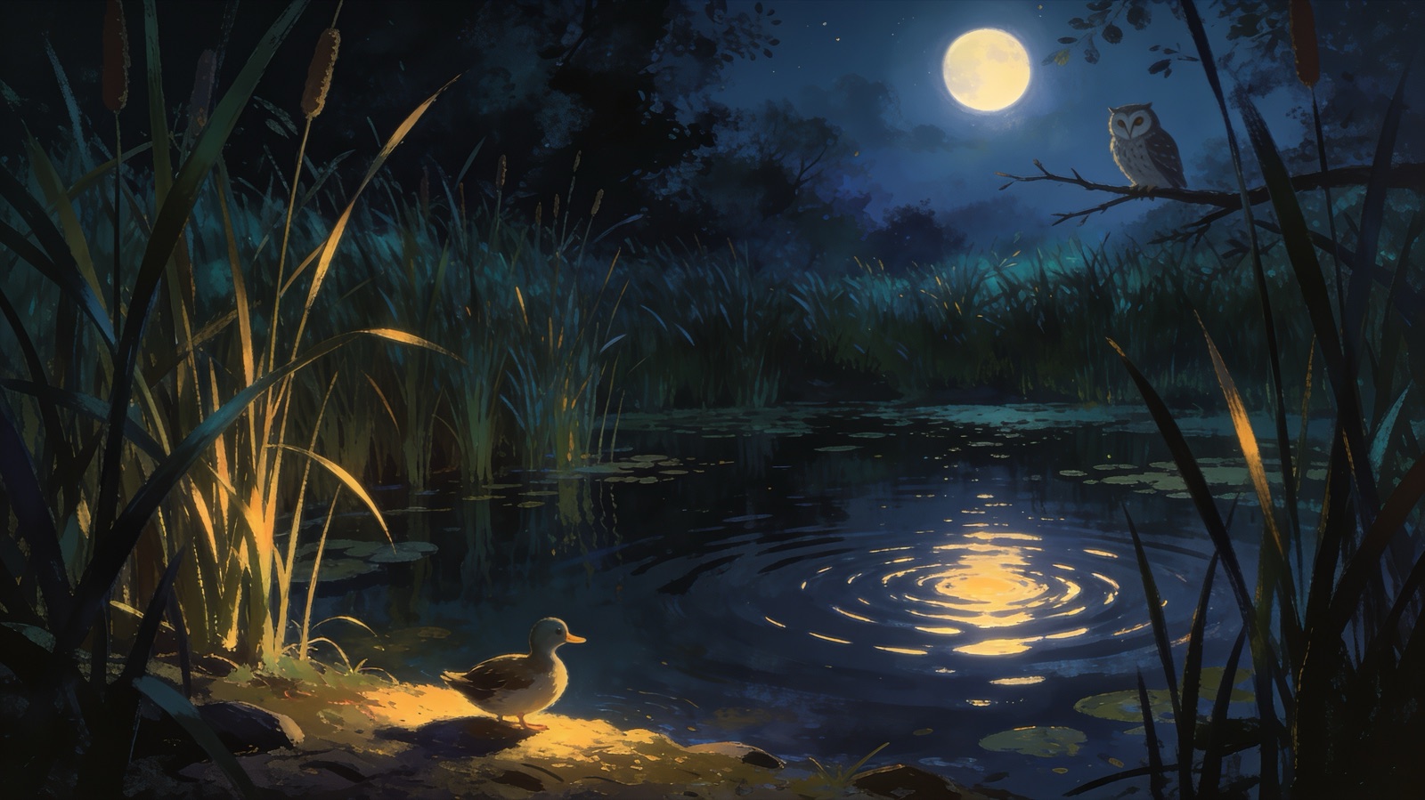 Stiller Teich bei Nacht mit Schilf, eine kleine Ente am Wasserrand