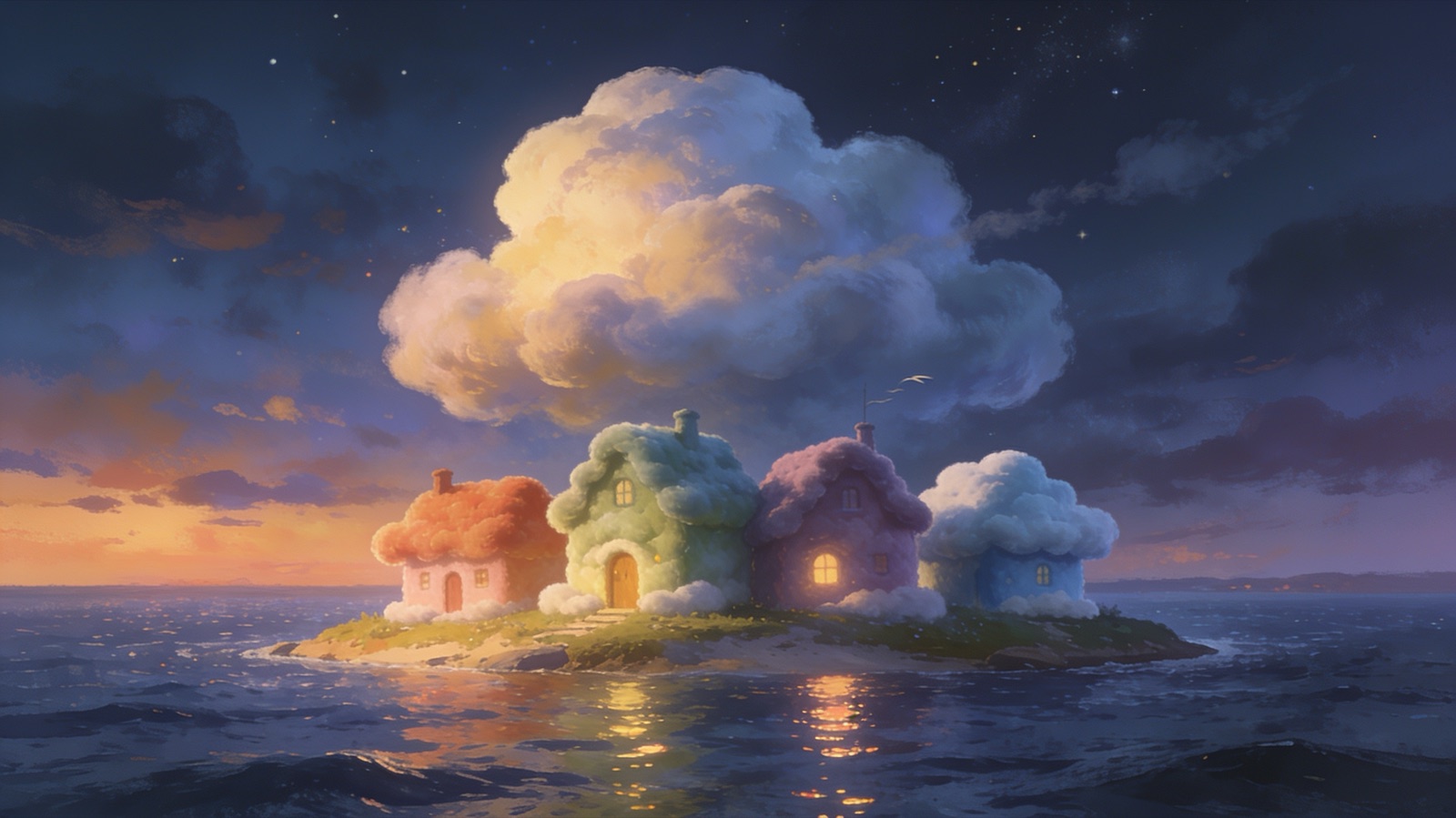 Kleine Insel im Ozean mit vier Häusern aus Wolken in verschiedenen Farben
