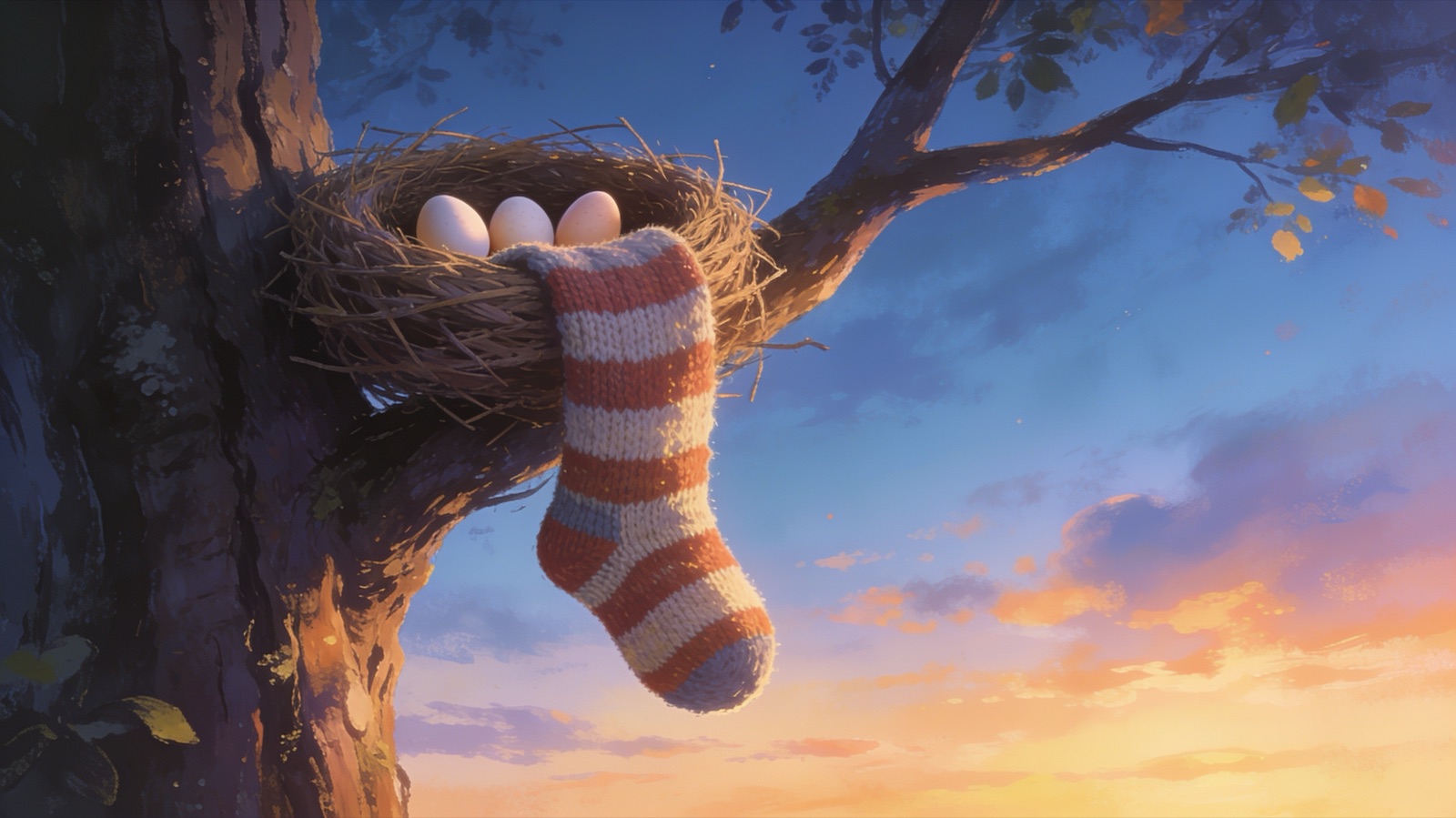 Gestreifte Socke als Nest hoch in einem Baum, darin drei kleine Eier