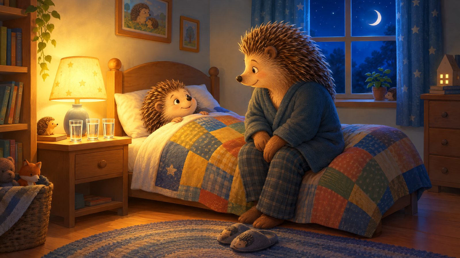 Ein kleiner Igel liegt im Bett, auf dem Nachttisch stehen drei volle Wassergläser