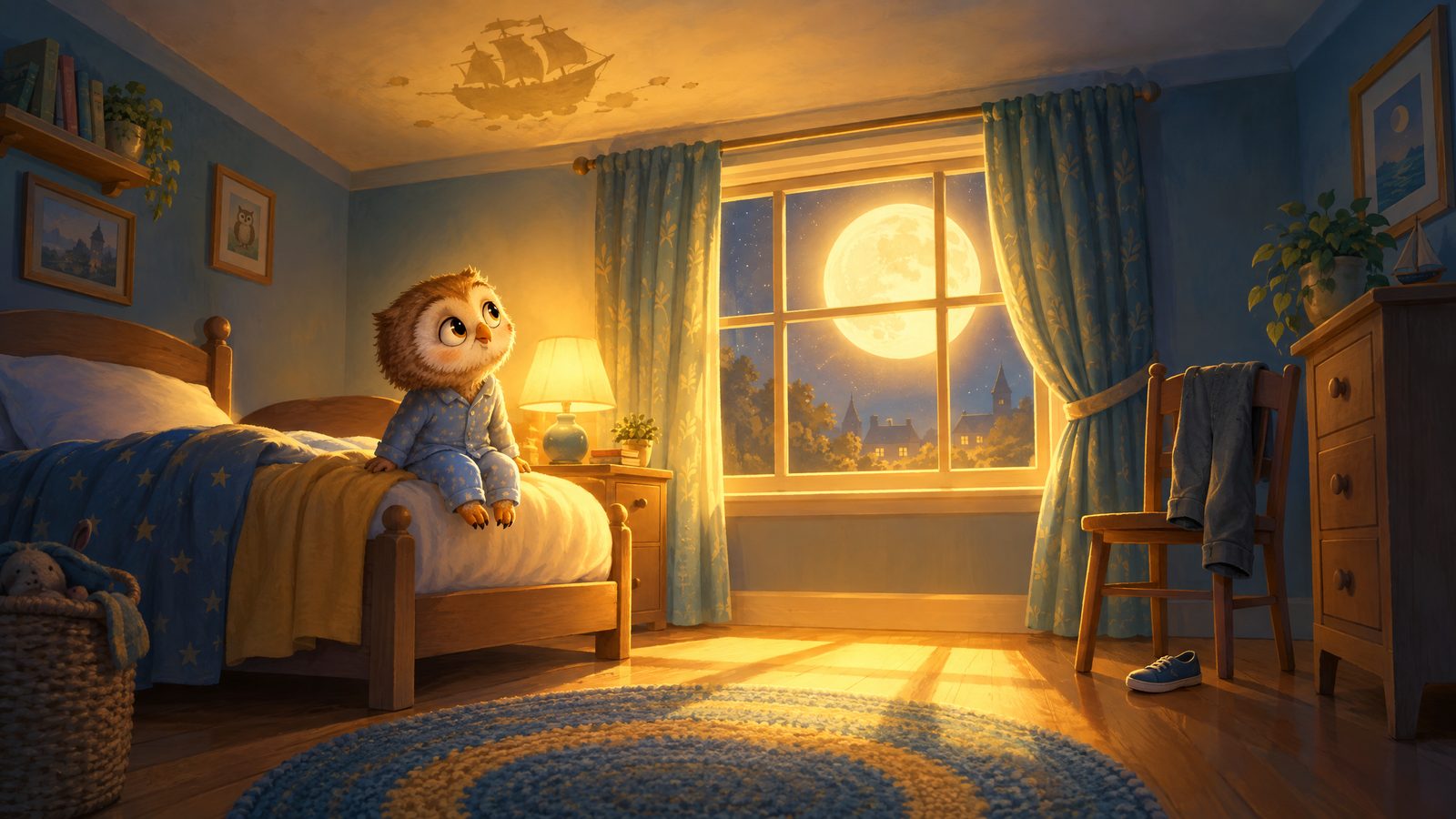Eine kleine Eule sitzt auf der Bettkante in ihrem vom Mond beschienenen Zimmer