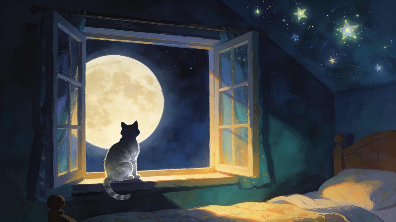 Silberne Katze auf einem Fensterbrett, dahinter ein riesiger Mond am Nachthimmel