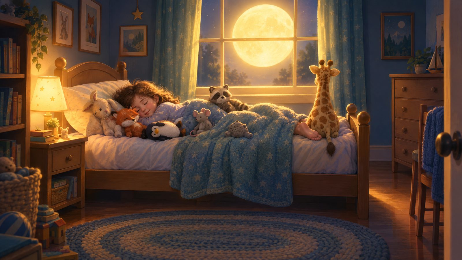 Ein Kind liegt quer im Bett, um sich herum sieben Kuscheltiere