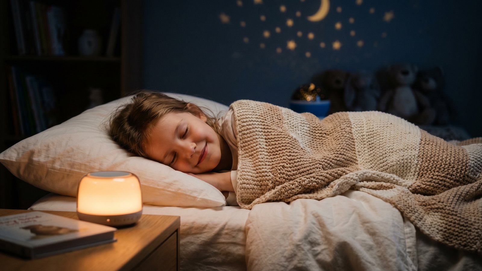 Kind liegt entspannt im Bett und hört eine Einschlafgeschichte