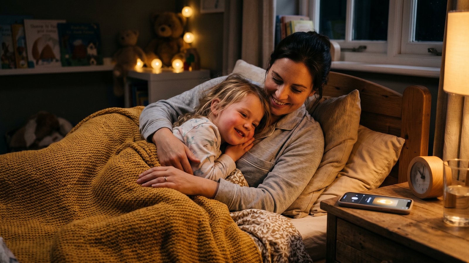 Elternteil und Kind hören gemeinsam eine Gute-Nacht-Geschichte über eine App