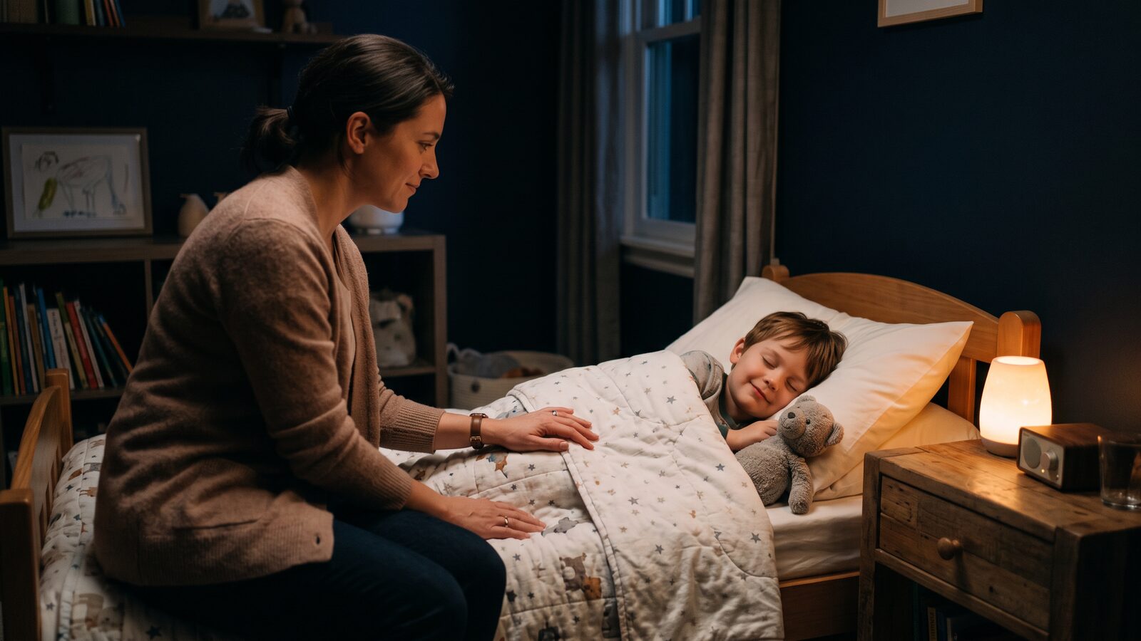 Elternteil sitzt am Bett und lässt eine Gute-Nacht-Geschichte abspielen