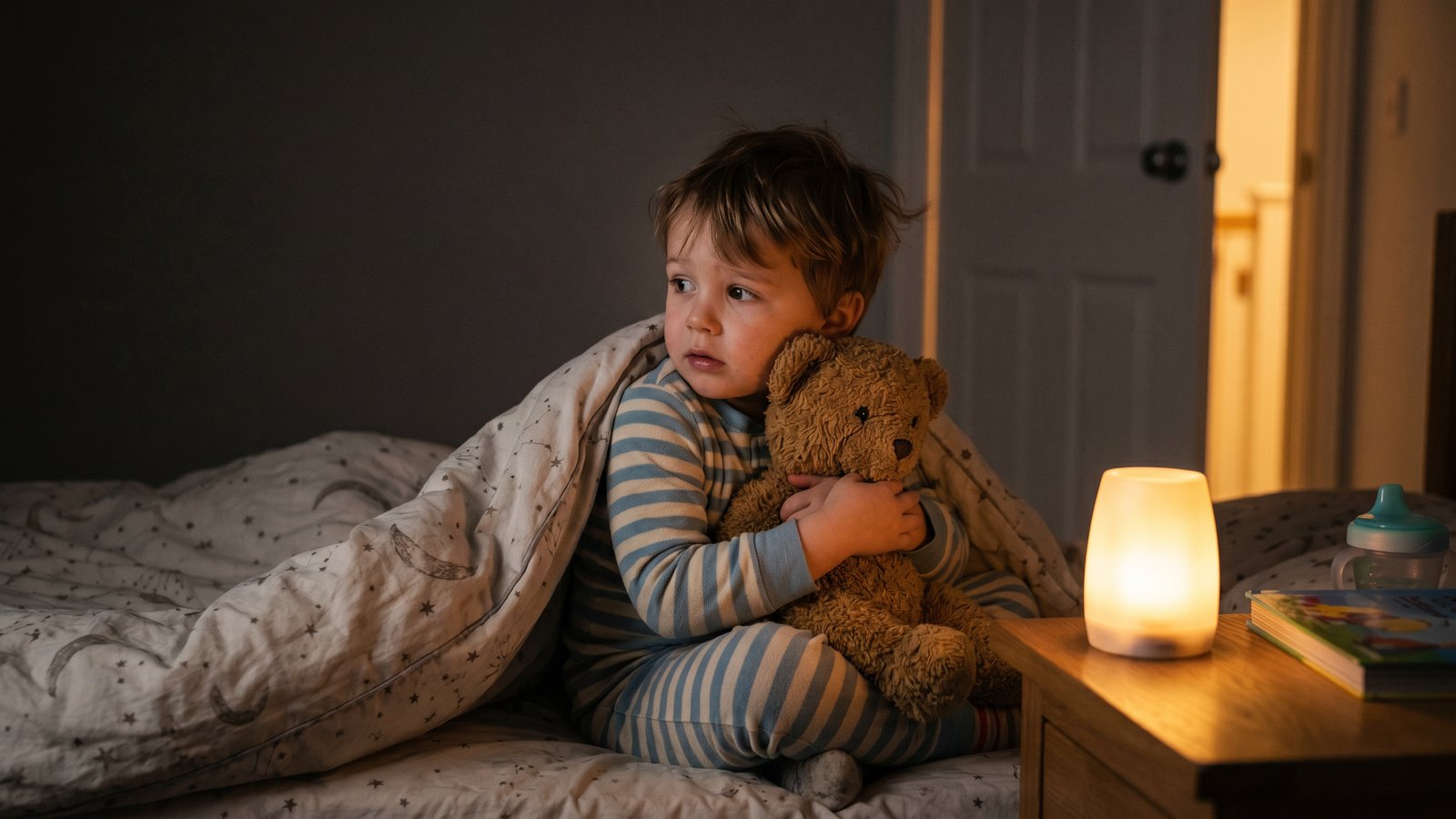 Kind mit Kuscheltier im Bett, warmes Nachtlicht im dunklen Kinderzimmer