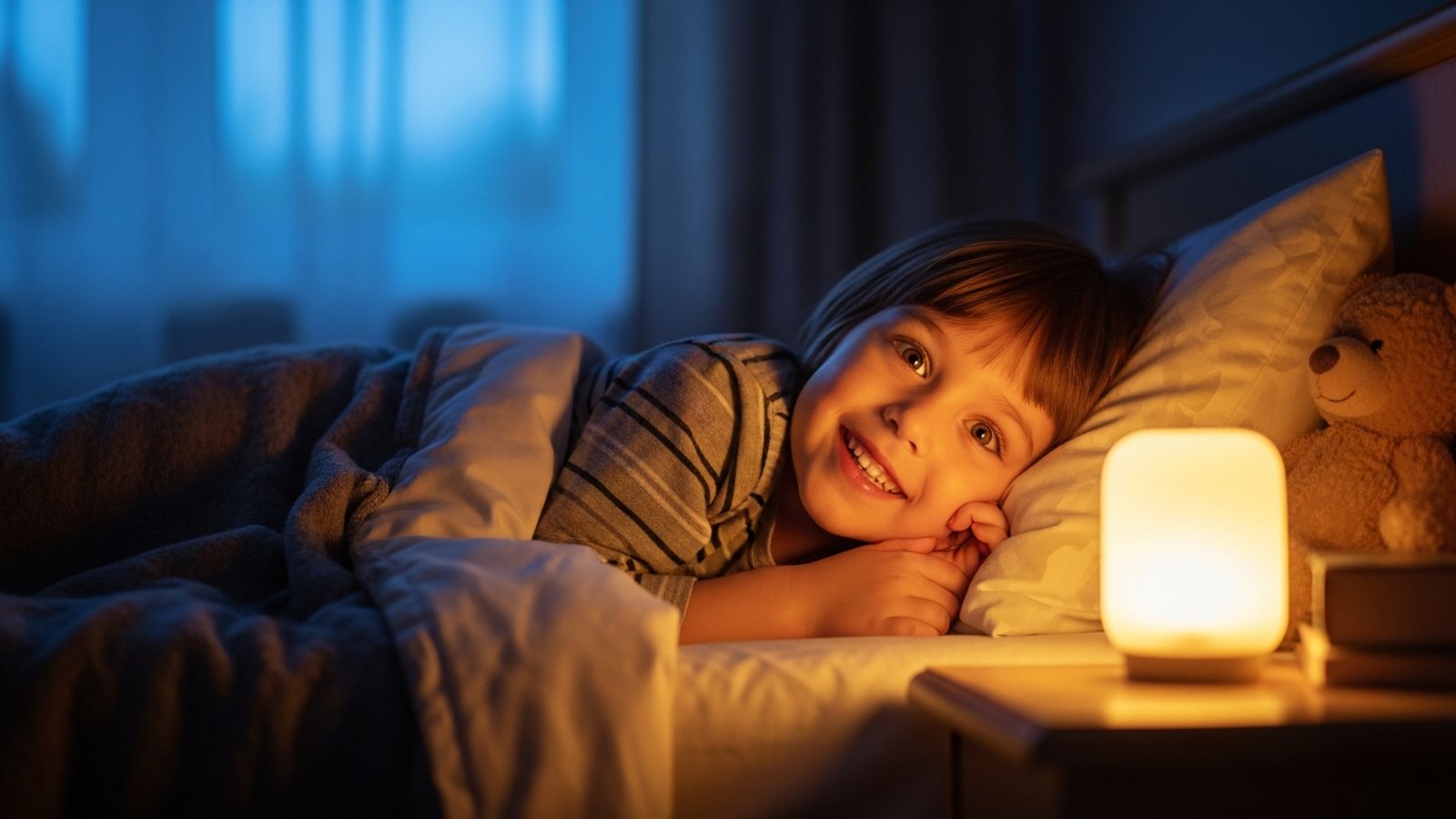 Kind lächelt im Bett und hört eine Geschichte, in der es selbst der Held ist