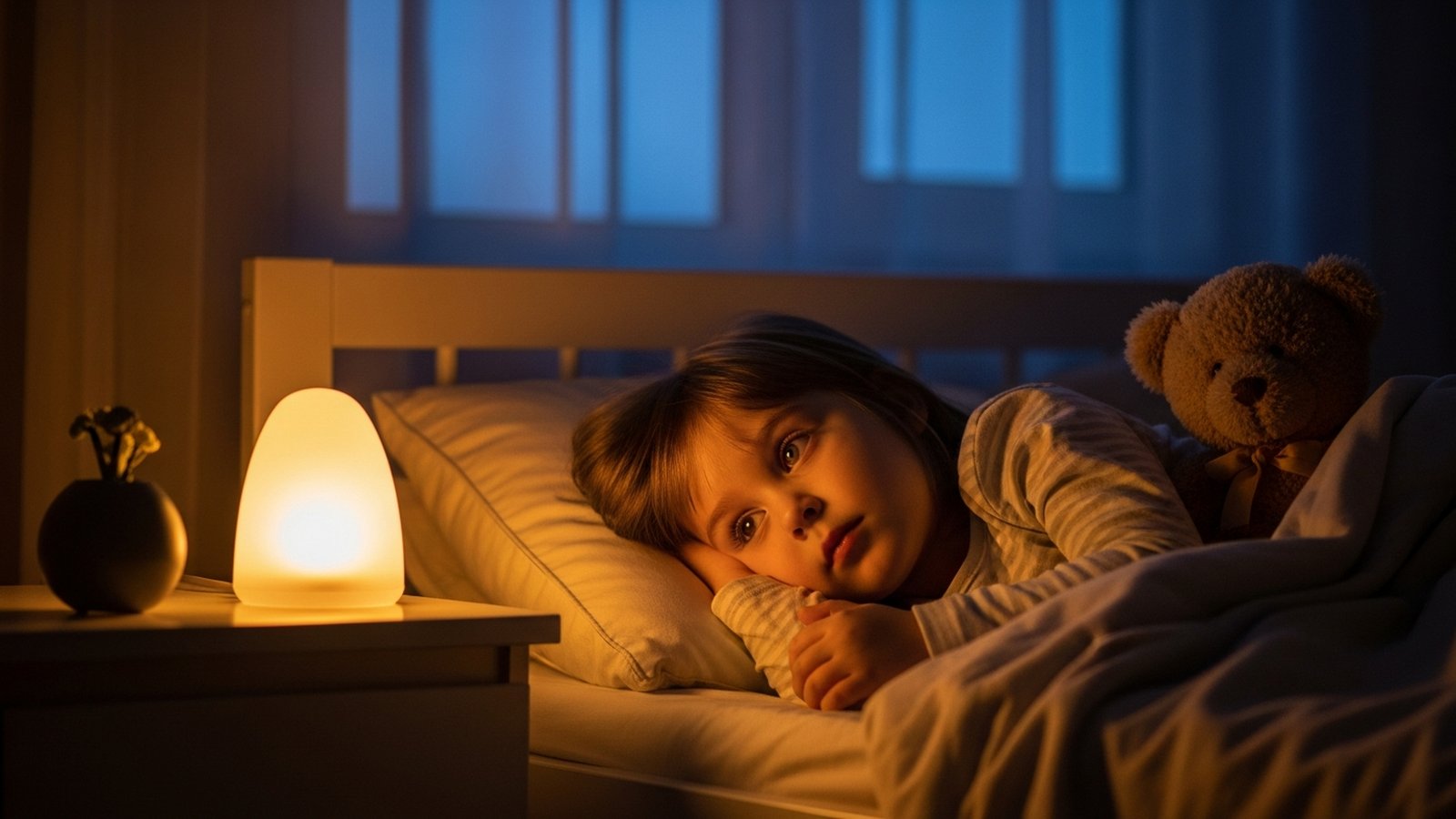 Kind liegt abends wach im Bett, ruhiges Nachtlicht im Kinderzimmer