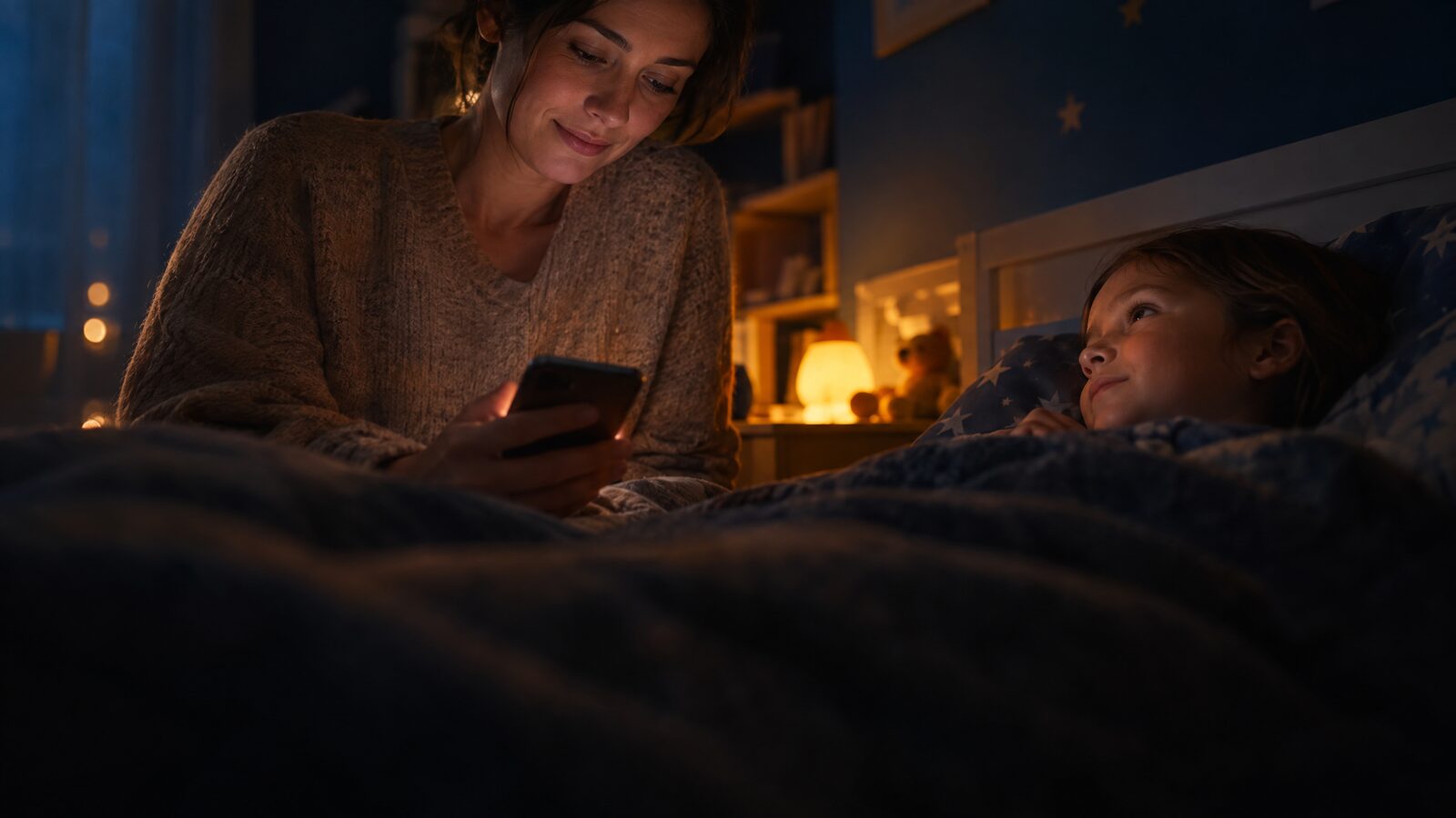 Elternteil und Kind beim Abendritual im gedimmten Kinderzimmer, eine Geschichte läuft über das Handy