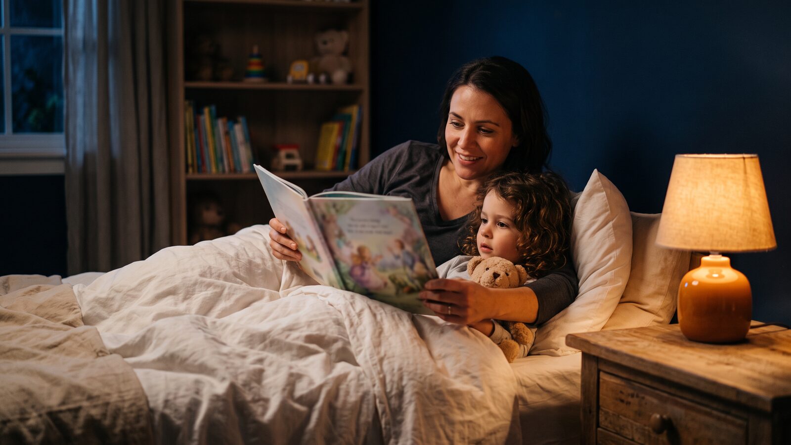 Elternteil liest einem Kind am Abend im Bett aus einem Buch vor