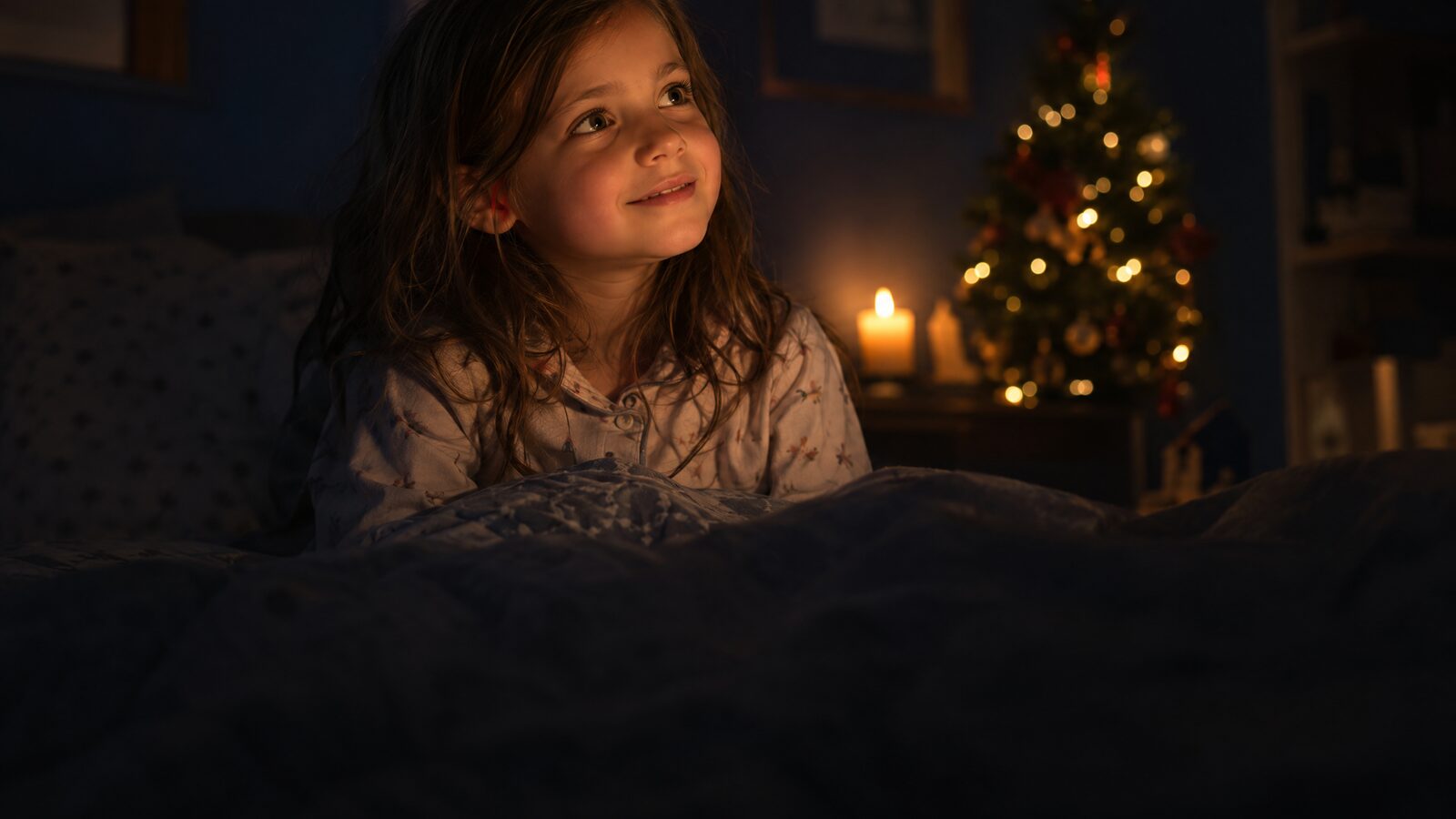 Kind im Bett bei Kerzenlicht, im Hintergrund ein geschmückter Weihnachtsbaum